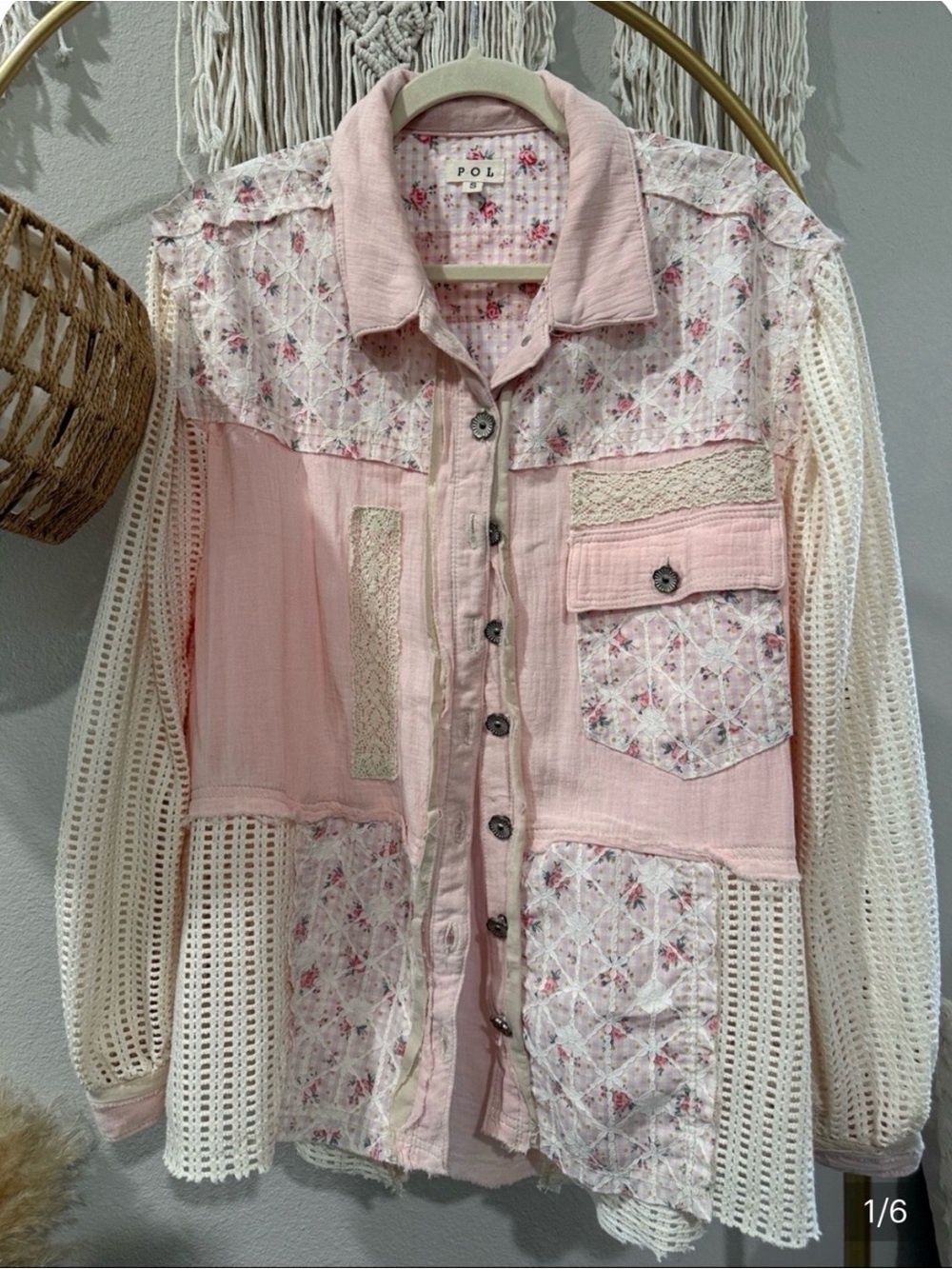 POL Pink Patchwork Crochet-Panel Jean Jacket with Cream Sleeves
